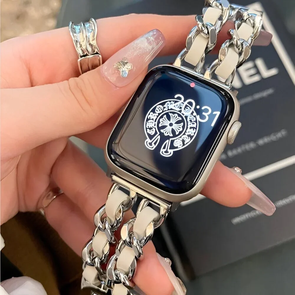 Apple Watch Band Luxury Adjustable Stylish Strap Silver Stainless Chain White